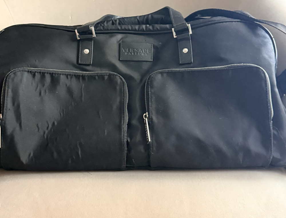 Versace Parfums Black Nylon Duffel Bag Weekender Gym Travel Greek Key Strap